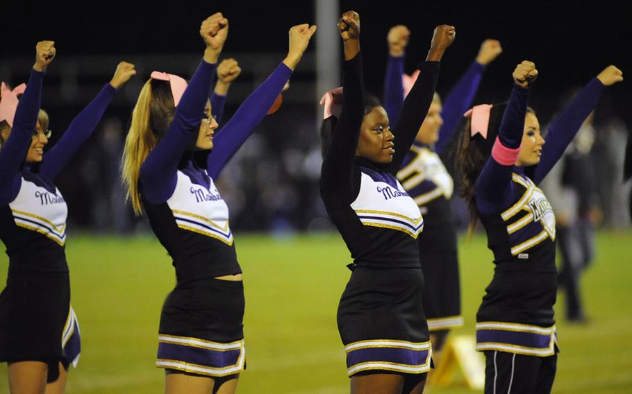 The Mannheim Bison cheerleaders cheer their team on to a 21-14 win over the visiting ISB Raiders in their final regular season home game on Friday night.