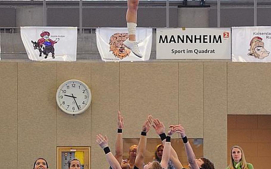 It was with stunts like this that the Naples Wildcats cheer team captured the Division II title at the  DODDS Europe Cheer Championships in Mannheim, Germany.