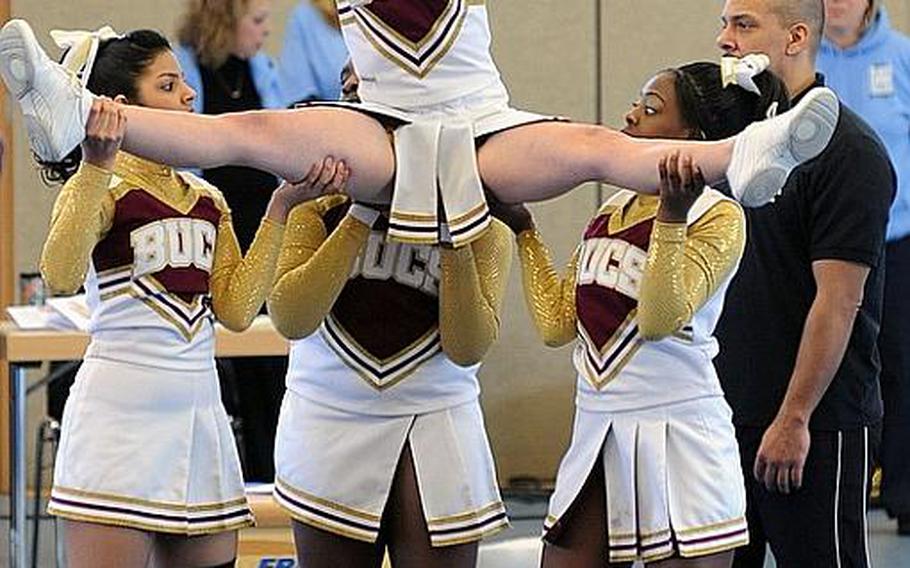 The Baumholder Buccaneers cheer team at the  DODDS Europe Cheer Championships in Mannheim, Germany.