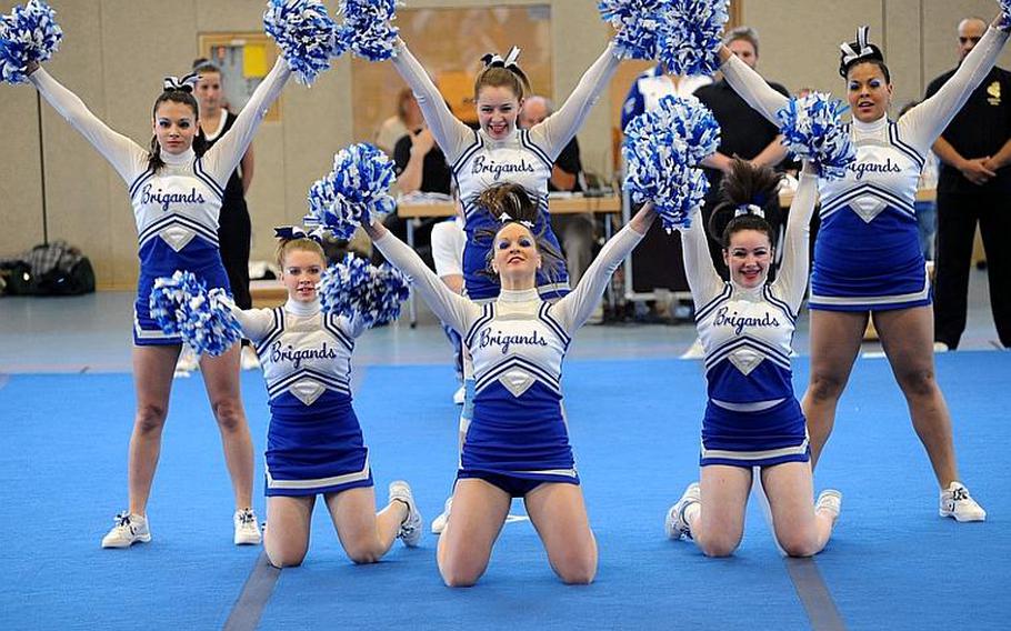 The Brussels Brigands cheer team competing at the DODDS Europe Cheer Championships in Mannheim, Germany.