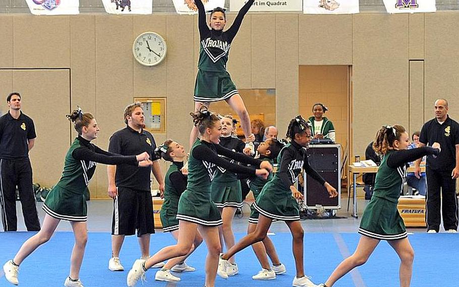 The Ankara Trojans cheer team perform their routine at the DODDS Europe Cheer Championships in Mannheim, Germany.