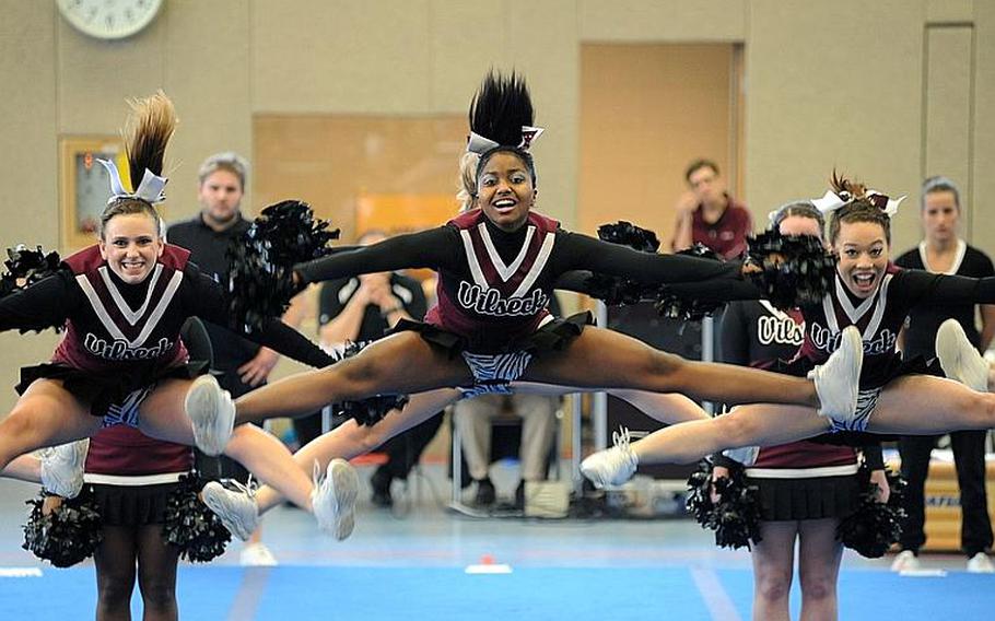 The Vilseck Falcons cheer team competing at the  DODDS Europe Cheer Championships in Mannheim, Germany.
