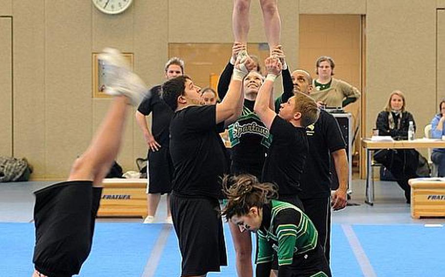 The SHAPE Spartans cheer team competing at the DODDS Europe Cheer Championships in Mannheim, Germany.