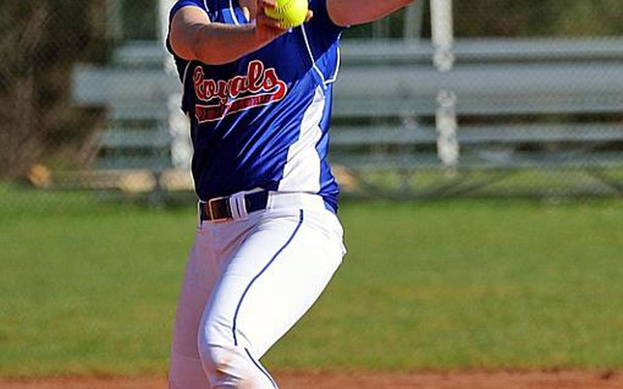 Ramstein's Kelsey Freeman prepares to fire a pitch during her team's 11-0 shutout of Kaiserslautern during the regular season. She is one of the main reasons the Lady Royals are a top contender to win the DODDS-Europe Division I softball tournament.