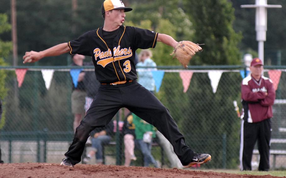 Patch's Justin Quimby throws a pitch in a semifinal against Vilseck at the DODDS-Europe baseball finals in May.  Quimby has been named to the 2011 All-Europe baseball team.