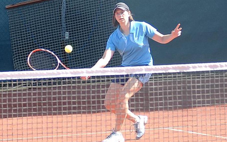 Two-time defending champion Maya Pardee hits a forehand volley during her straight-set win Saturday in Heidelberg, Germany, in the women's Open championship of the U.S. Forces Europe Tennis Championships.