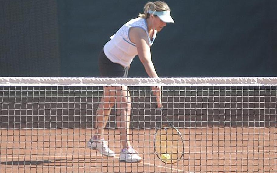 Chery Riise lunges for a backhand Saturday during the women's Open finals in the U.S. Forces Europe Tennis Championships in Heidelberg, Germany. After losing the first set 6-1, Riise pushed the second set to a tiebreaker before falling to champion Maya Pardee.