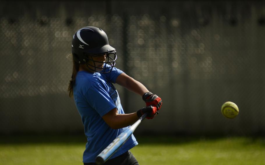 Corah Price, a pitcher-shortstop-catcher-first baseman for the 11-12 year-old All-Stars, takes batting practice at Ramstein Air Base, Germany.