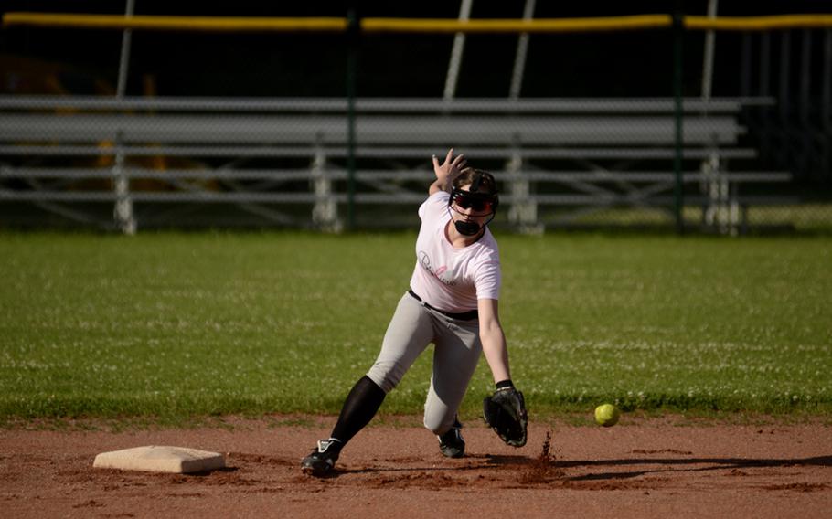 Tristan Riggsbee, second baseman-catcher for the 13-14 year-old All-Stars, attempts to turn a double play during  practice July 6, 2012.