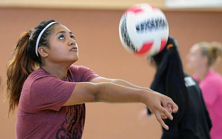 Patch's Malory Ismael bumps the ball during a skills practice Aug. 14, 2012, at the volleyball camp in Vilseck, Germany.
