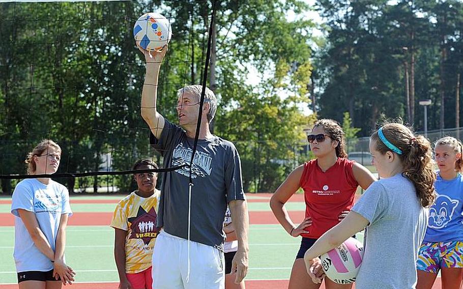 USA Volleyball's director of sport, John Kessel, offers some pointers at the five-day volleyball camp this week that drew 170 participants to Vilseck, Germany.