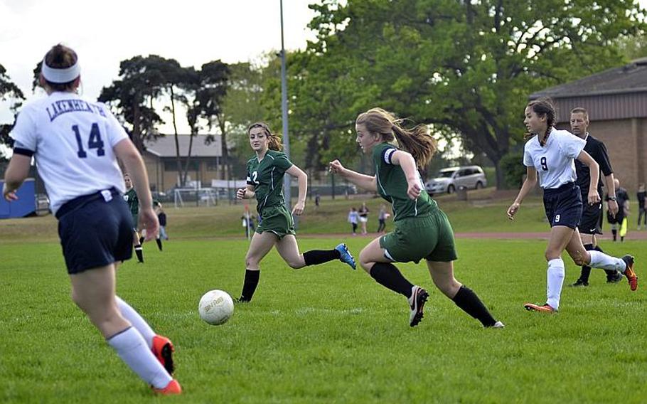 Alconbury tries to score against the Lancers during the last game of the regular season at RAF Lakenheath, England, Friday, May 12, 2017.