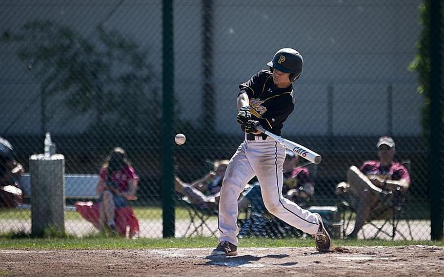 Stuttgart's Eli Lashley hits the ball during the DODEA-Europe baseball tournament at Ramstein Air Base, Germany, on Friday, May 26, 2017. Stuttgart won the Division I game against Vilseck 9-0 and advances to the semifinals.

MICHAEL B. KELLER/STARS AND STRIPES