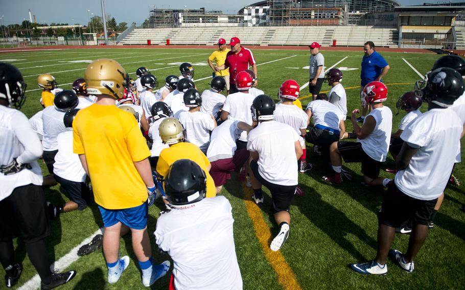 Lin Hairstone, Kaiserslautern High School's head football coach, speaks during the annual European Football Camp at Vogelweh, Germany, on Tuesday, Aug. 15, 2017. Some 200 DODEA-Europe and local national football players attended the four-day camp.