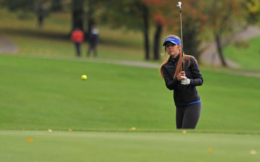 Heidi Johnson of Wiesbaden chips to the green during last year's DODEA-Europe golf championships in Wiesbaden, Germany. She's the only top five girls competitor returning to the finals this year.