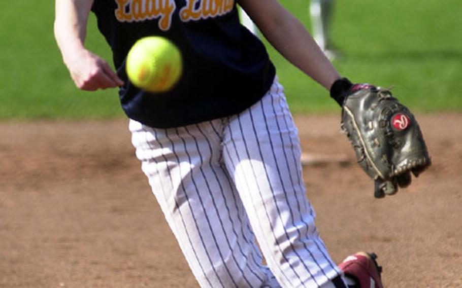 Heidelberg&#39;s Meagan Perry was the winning pitcher in the Division I Lions&#39; 8-3 win over the Division II Patch Panthers in the first game of a doubleheader. It was the season opener for both teams.