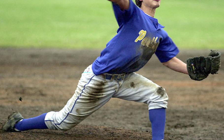 Senior Nathan Haney delivers during the first inning of Saturday&#39;s Kanto Plain Association of Secondary Schools invitational baseball tournament at Rambler Field, Camp Zama, Japan.