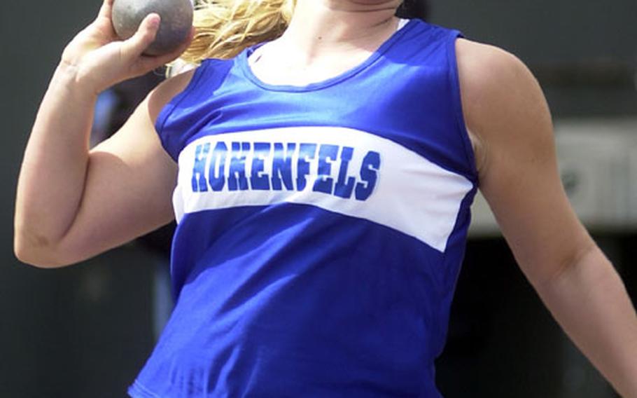Hohenfels&#39; Paige Nicoson, 15, winds up to throw a shot put during the DODDS Division I Track and Field Championships in Wiesbaden, Germany, on Saturday.