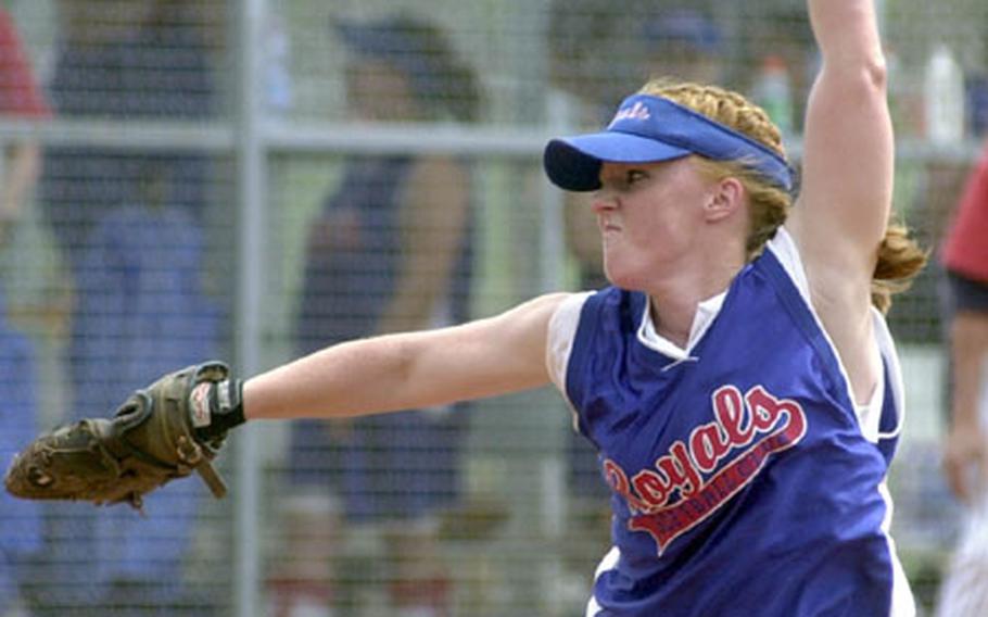 Ramstein pitcher Jenn Morton winds up for a pitch during the DODDS Division I high school softball championships against Lakenheath in Landstuhl, Germany, on Saturday.