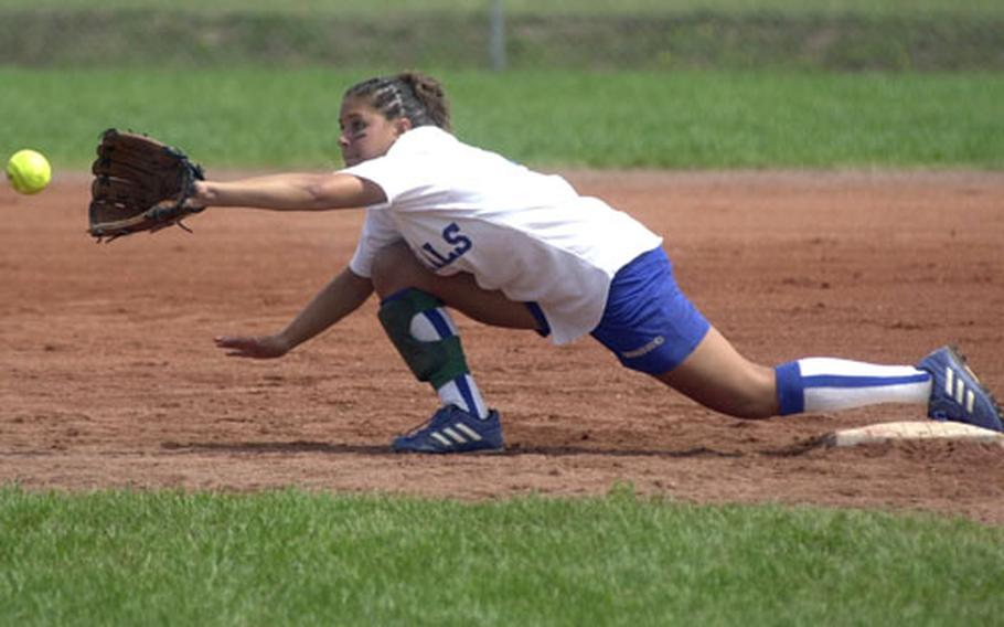 Rota&#39;s Jessie Bray stretches for the ball to make a play at second base during the DODDS Division III high school softball championships in Landstuhl, Germany, on Saturday.
