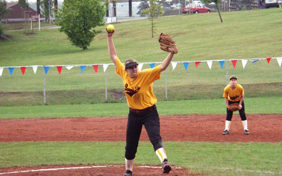 Baumholder hurler Katie Feterl delivers a pitch during the Division III Europe softball championships last week in Landstuhl, Germany. Feterl led the Lady Bucs to a berth in the semifinals.