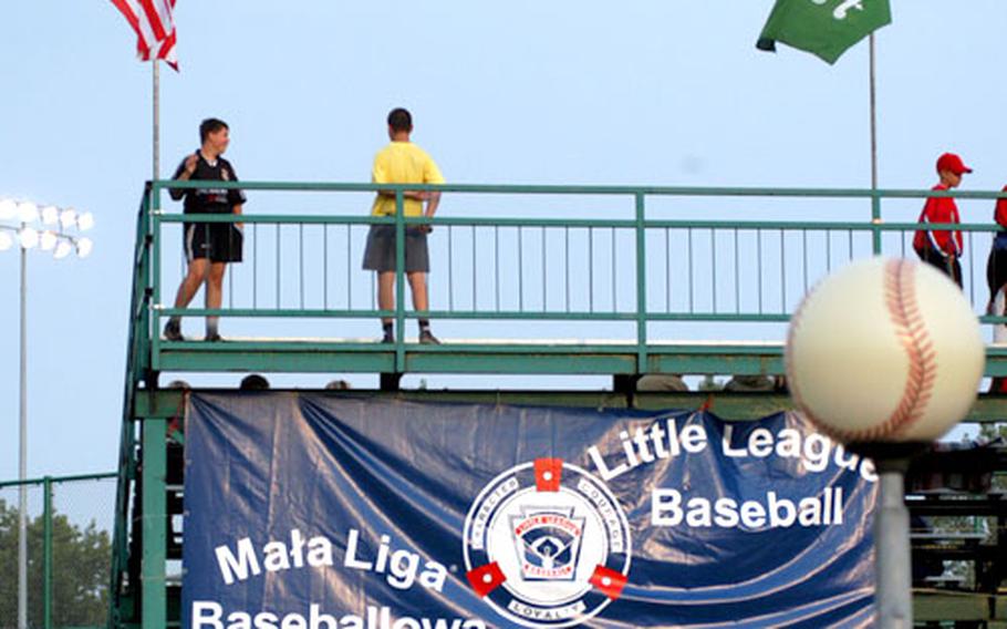 A banner bears the Little League logo with words in Polish and English at the Edward J. Piszeck Stadium, were the Little League finals are played.