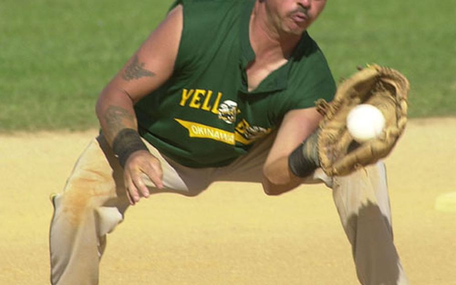 Okinawa Yellow Box pitcher Bill Stroup snags a one-hopper against BK&#39;s of Okinawa during Sunday&#39;s men&#39;s double-elimination playoffs in the 9th Kadena Klassic open interservice softball tournament at Four Diamonds Complex, Kadena Air Base, Okinawa.