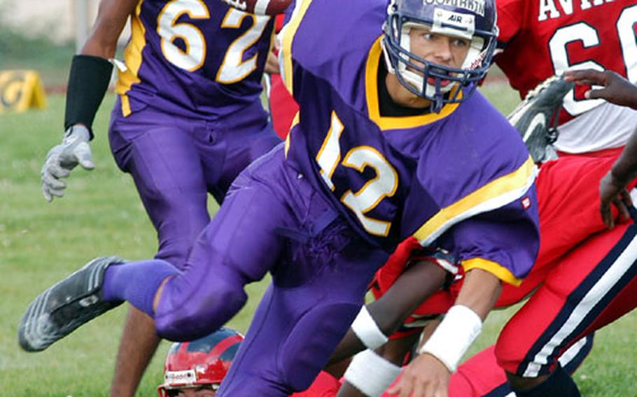 Mannheim quarterback Alex Sokirkin breaks free for a gain against the Aviano Saints in the season opener for both teams in Mannheim on Saturday. Sorkirkin rushed for two touchdowns and threw for two more in Mannheim&#39;s 30-14 Division II win over the Saints.