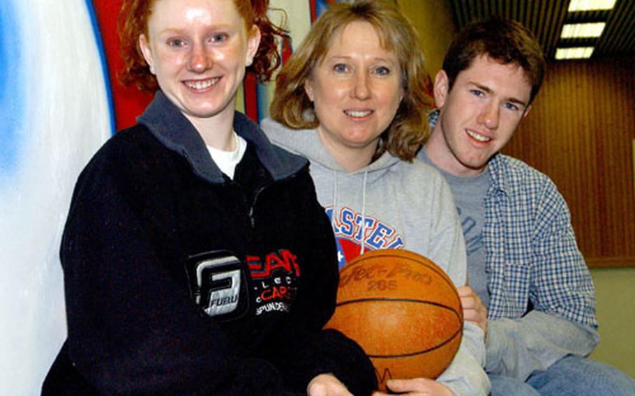 It’s a family affair at Ramstein, where point guard Krissy Grosselin, front, is the daughter of Ramstein girls basketball coach and track coach Cecilia Grosselin, center, and the sister of Kenny Grosselin, a senior track and cross country star. Krissy, a 5-foot-7 junior, averaged 16 points, four assists and three steals a game last season.