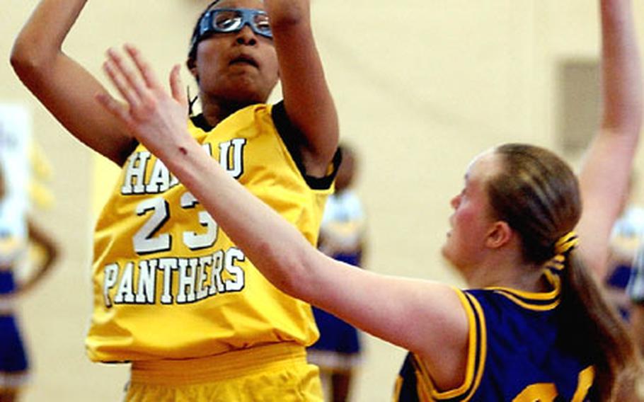 Junior Katisha Fauntleroy, left, hopes to lead the Hanau Panthers to a Division II championship this season and erase the memory of a 45-41 loss to Bitburg in last season’s title game.