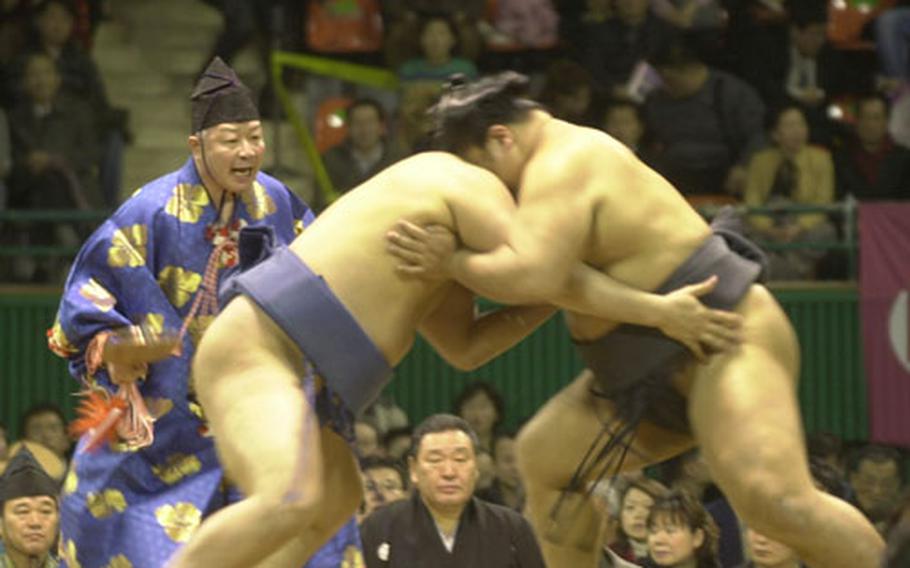 A pair of sumo wrestlers crash into each other during the first tournament held in South Korea since the end of Japanese colonial rule more than fifty years ago.