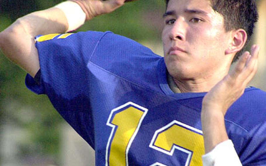 Senior QB Shawn Novak is a vital cog in the Yokota Panthers’ bid for their Pacific-record 40th straight victory on the field, their sixth straight Japan Football League/Kanto Plain Association of Secondary Schools titles and their fifth straight Rising Sun Bowl title. Novak went 31-for-53 for 620 yards, nine touchdowns and three interceptions in coach Tim Pujol’s run-oriented offense.