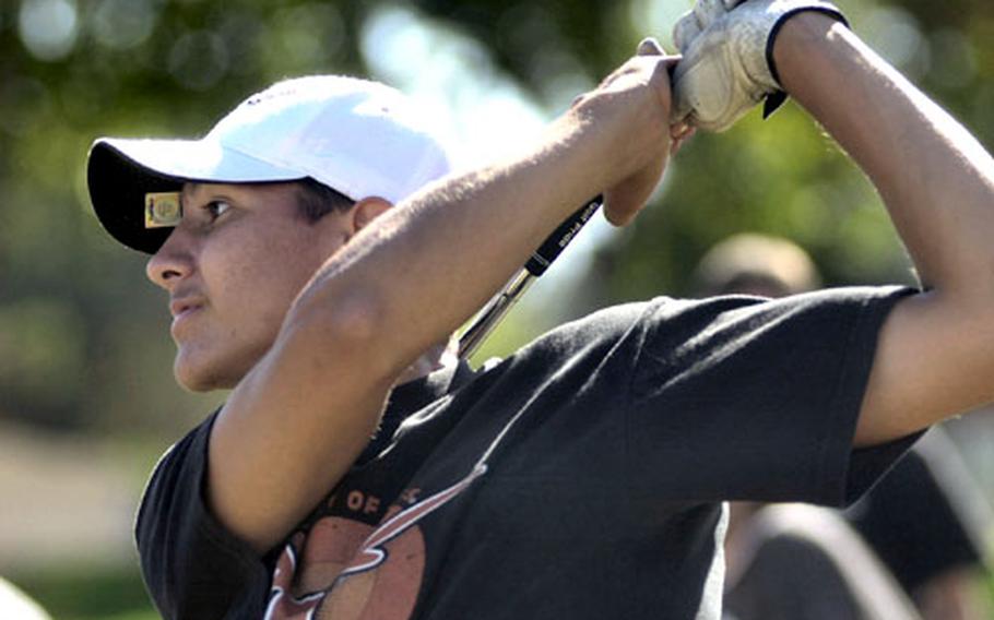 Gilbert Mendez follows through on a swing at the Naval Station Rota golf course in Spain. Mendez is looking to defend his DODDS-Europe title this week.