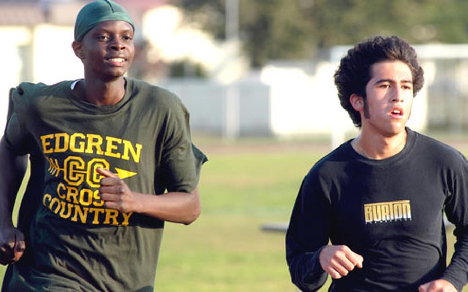 Edgren juniors Peter Kamau, left, and Daniel Sanchez have consistently placed in the top three in this season&#39;s meets against DODDS-Japan runners.