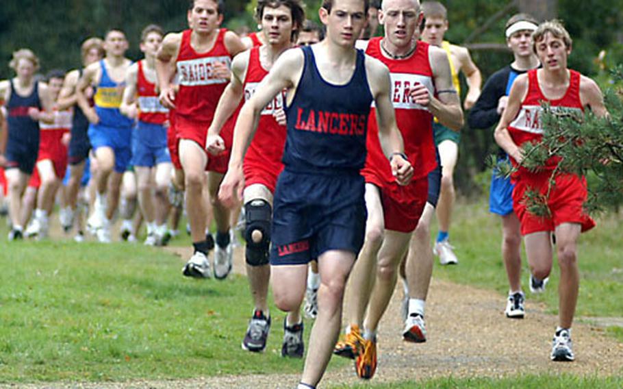 Lakenheath&#39;s Greg Billington leads the way in a 5,000-meter cross country race Sept 25 in Brandon, England. Billington won in a time of 16:07.