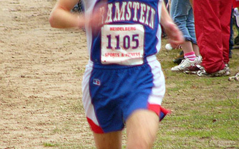 Ramstein&#39;s Danny Edwards is alone at the finish in winning the big schools and boys&#39; overall DODDS cross country championships in 16:24 Saturday in Schwetzingen, Germany.