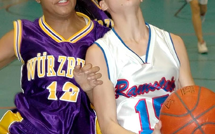 Ramstein&#39;s Rebecca Tenuta is fouled from behind by Würzburg&#39;s Myaj Stewart during Friday night&#39;s game.