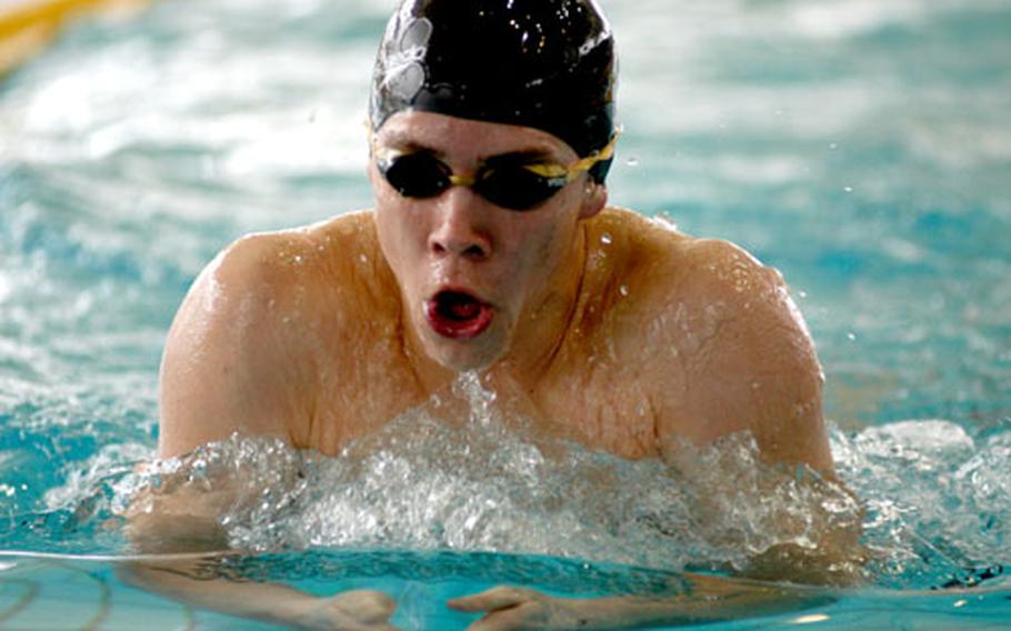Lakenheath Barracuda Konrad Korth, 15, swims the breaststroke leg of the 200-meter IM, one of the four events he won at the European Forces Swim League Championships.