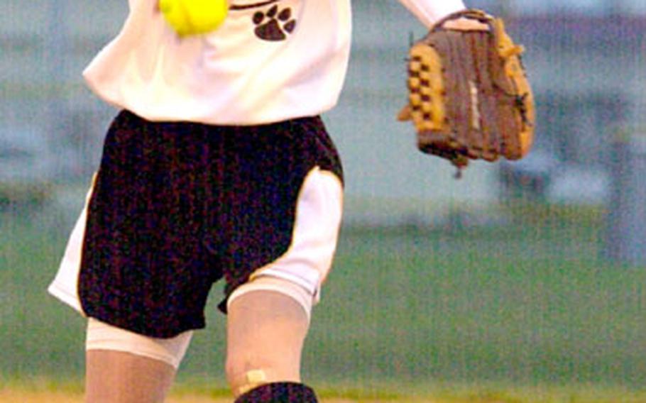 Kadena freshman Kara Davis pitches against Kubasaki during Thursday&#39;s game at Camp Foster, Okinawa. Davis gave up no hits, two walks, a hit batsman and a wild pitch and struck out six in an 18-8 victory.