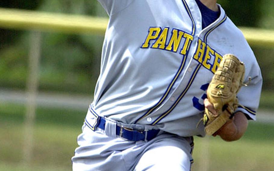 Yokota Panthers right-hander Kenny Harris delivers against the American School In Japan Mustangs during Saturday’s Kanto Plain tournament championship game at Yokota Air Base, Japan. Harris gave up eight runs and five hits over four innings of the Panthers’ 10-7 loss.