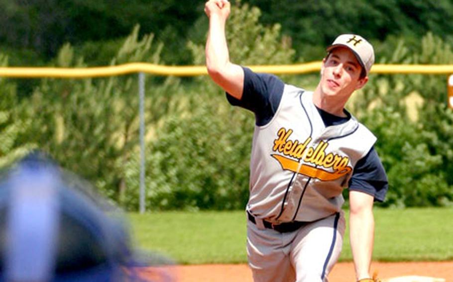 Heidelberg reliever Brian Mueller closes out Stuttgart in the final inning Saturday in Stuttgart, Germany. Heidelberg won the Installation Management Agency-Europe senior baseball title with a 16-11 victory.