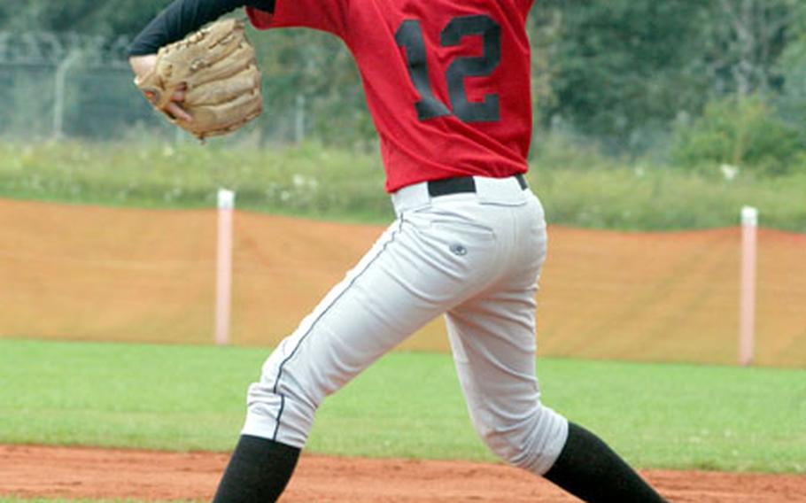 Ryan Burr delivers a pitch for the Brussels team against Ramstein. Burr pitched all six innings, striking out seven batters and allowing eight runs on nine hits and four walks.