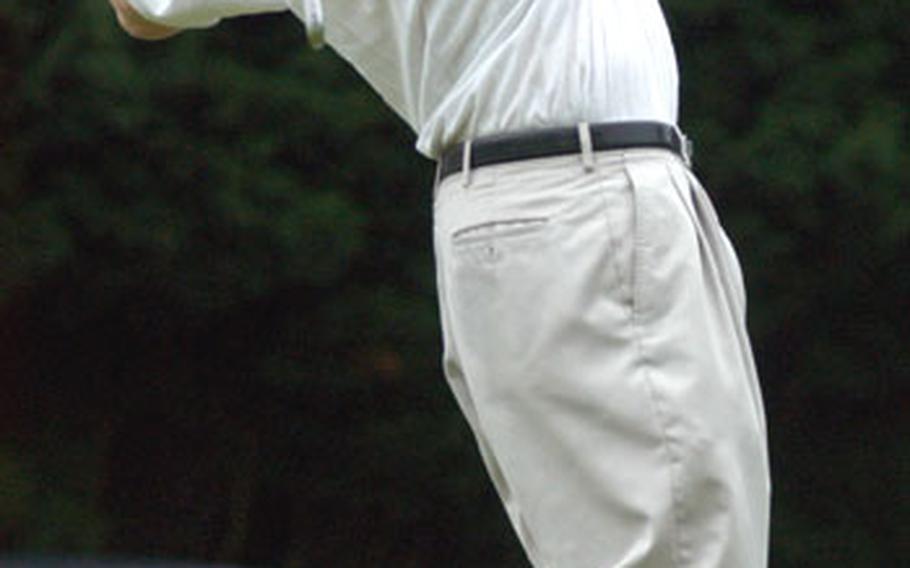 Kaiserslautern junior Ben Antnoik smacks a drive off the first tee at the Lakenheath golf course Thursday. Antnoik logged the highest boys' score over the 18-hole course with 44 points.