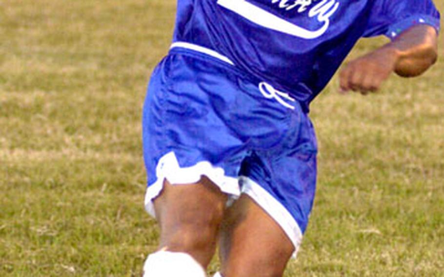 Oscar Fuentes of 1st Marine Aircraft Wing moves the ball against 3rd Force Service Support Group during Friday’s Marine Forces Pacific Regional Soccer Tournament championship.