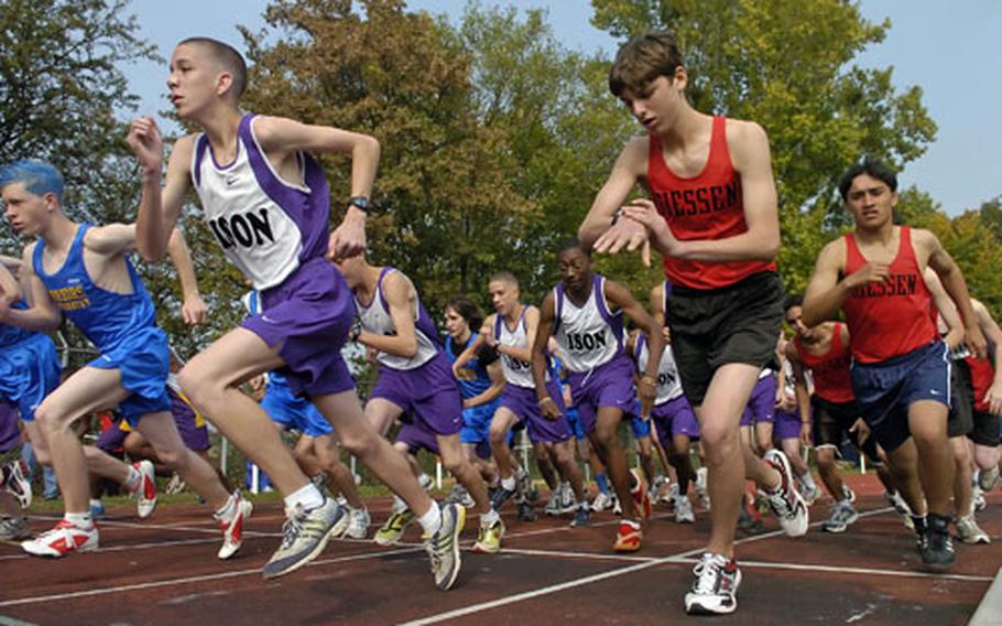 Boys from Mannheim, Wiesbaden, Giessen and Würzburg start Saturday’s cross country race. Tim Spicer of Mannheim finished first to lead the Bison to the team victory.