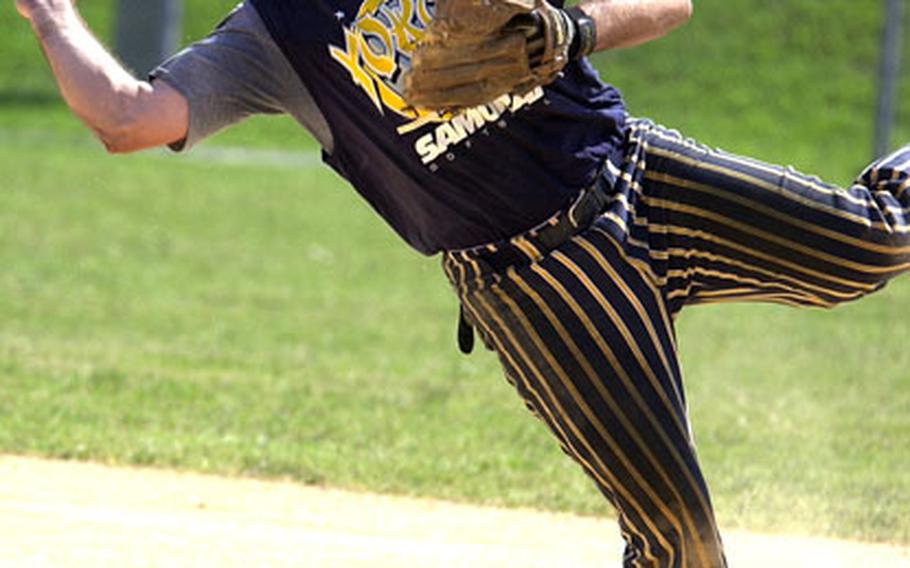 Samurai second baseman Zane Whetstone makes an off-balance throw to first base.