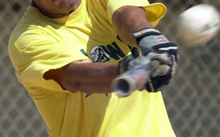 Yellow Box’s Eduardo Santiesteban hits a first-inning triple against the Samurai.