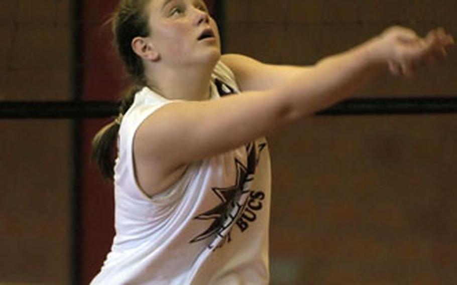 Baumholder’s Katrina Alsup returns a shot during a DODDS-Europe volleyball match against Hohenfels in Giessen, Germany on Saturday. Baumholder defeated Hohenfels 25-16, 25-18, 25-18.