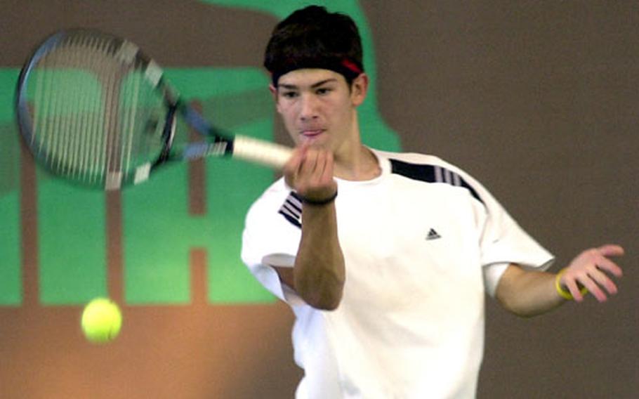 Ramstein&#39;s Matt Puchta returns a shot from Bamberg&#39;s Paul Maritz in opening-day action at the 2005 DODDS-Europe high school tennis championships in Wiesbaden on Thursday. Unseeded Puchta beat Maritz, seeded sixth, 6-3, 7-6 (7-5) to advance to the next round.