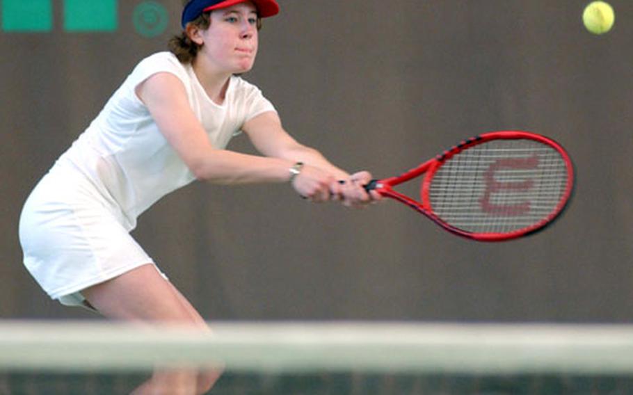 Lakenheath&#39;s Kallie Hedberg returns a shot from Hanau&#39;s Alix Rich in their consolation round match Friday afternoon.